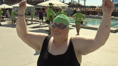 Sarah Jane Johnston celebrates a second bronze at the 2015 Special Olympics in Los Angeles