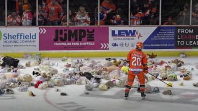 Teddy bears thrown onto an ice rink