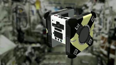 A computer generated graphic of one of Nasa's Astrobees on the International Space Station