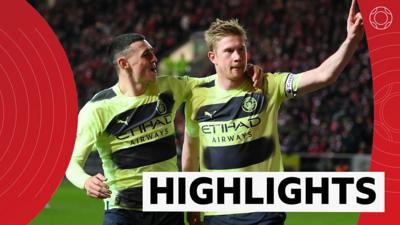 Goalscorers Phil Foden & Kevin de Bruyne celebrate as Man City knock Bristol City out of the FA Cup