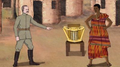 Drawing of Yaa Asantewaa, a British colonialist and the Ashanti golden stool