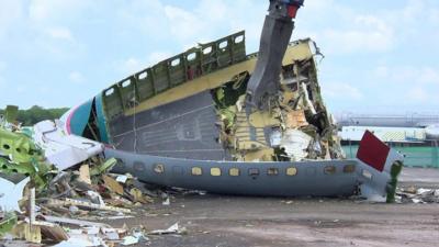 Crushed nose cone of jumbo jet