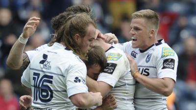 Cardiff Blues celebrate beating Edinburgh