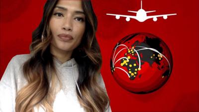 Poppy Begum in front of a graphic of a plane and globe