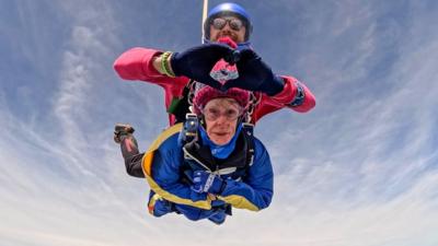 Shirley free falling after jumping from plane at 14,000ft