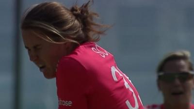 Natalie Sciver is hit in the face by a throw from team-mate Katherine Brunt during England's World Twenty20 semi-final against Australia