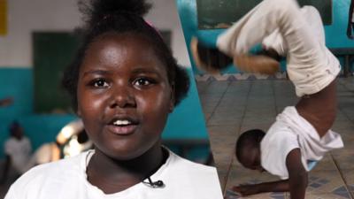 A composite image of a young girl talking into a camera and young boy upside down doing capoeira