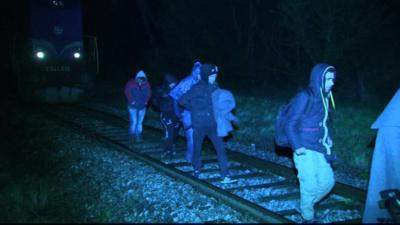 Migrants arriving on a train in Croatia, near the Slovenian border