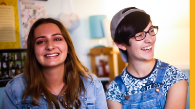 two friends laughing