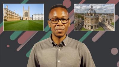 Theo Chikomba with pictures of Oxford and Cambridge