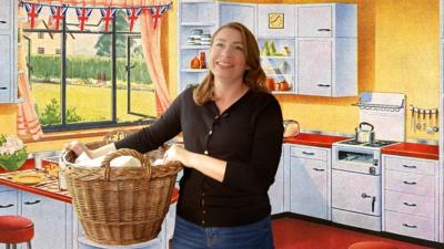 Alena with basket in front of illustrated kitchen