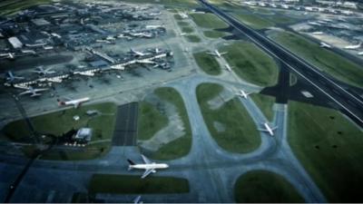 Aerial view of Heathrow airport's taxi and runways