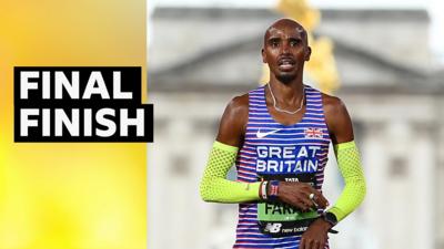 Mo Farah crosses the line to complete his final marathon