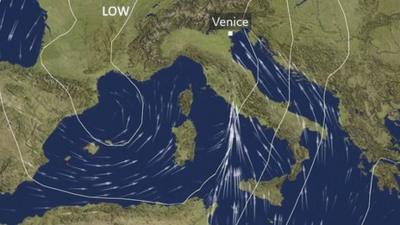 Weather map of Italy with wind arrows