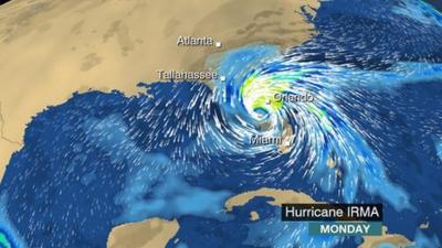 BBC Weather map showing the development of Hurricane Irma over Florida