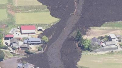 Aerial footage shows landslide in Minamiaso, Kumamoto Prefecture