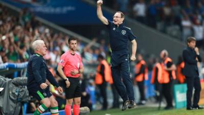 Republic boss Martin O'Neill leaps for joy at the final whistle in Lille