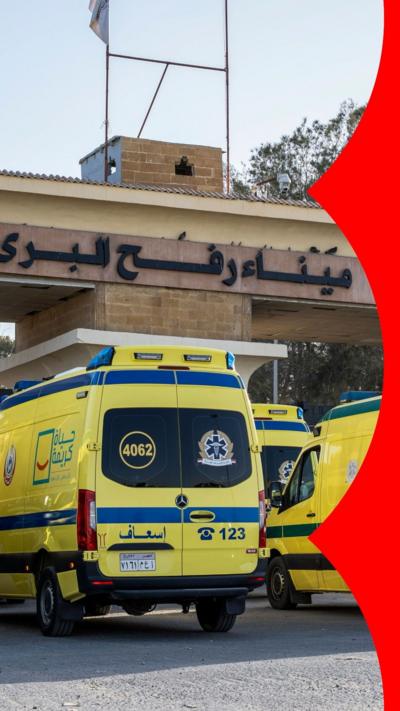 A line of yellow ambulances queue up at Gaza's Rafah crossing with Egypt.
