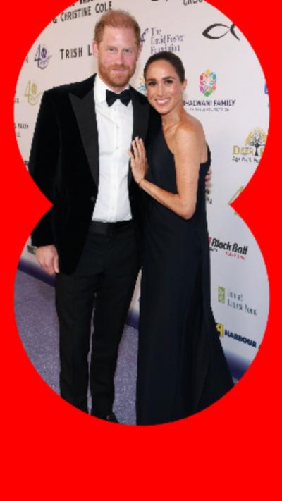 Prince Harry (left) in a tuxedo next to Meghan (right) in a long black dress.