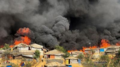 A fire breaks out in the Rohingya refugee camp in Balukhali in Cox's Bazar