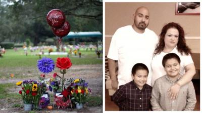 Composite image of family and graveyard