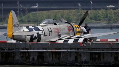 The wreckage of a vintage P-47 Thunderbolt airplane that crashed in the Hudson River