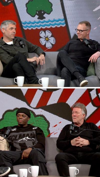 Composite image of Lewis Coombes, Jono Holmes, Tyrone and Mark Dennis sitting in podcast studio for Saints Social