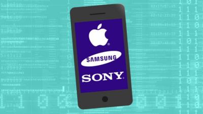 Graphic of a smartphone with Apple, Samsung and Sony logos