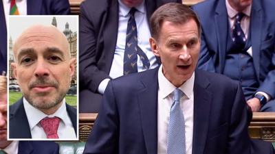 Jeremy Hunt at the House of Commons with a smaller photo inset of BBC News journalist Gareth Lewis