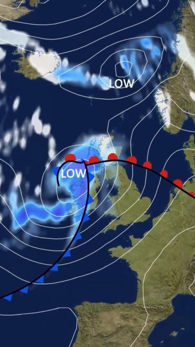 Weather map of the UK and northern Europe showing intense low over Ireland and Scotland.