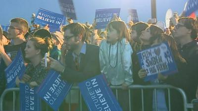 Young people with Bernie Sanders posters