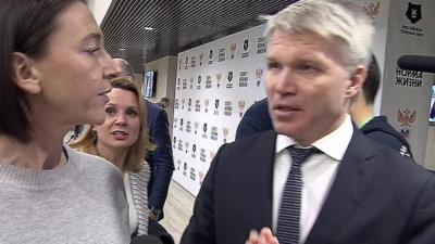 Russian Sports Minister Pavel Kolobkov being questioned by BBC's Sarah Rainsford