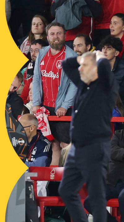 Ange Postecoglou, looks on as a Forest fan shouts at him during the UEFA Europa League match between Nottingham Forest FC and FC Midtjylland