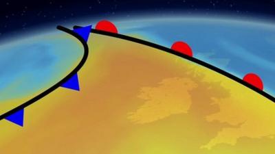 A graphic showing warm and cold fronts over a UK map.