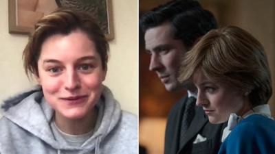 Composite of Emma Corrin interview screenshot and image from The Crown of Josh O'Connor and Emma Corrin