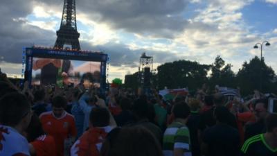 Wales fans singing in the Paris fan zone