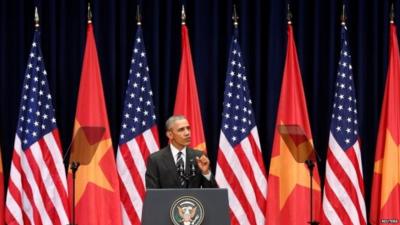 President Barack Obama speaking at the National Convention Centre in Hanoi, Vietnam
