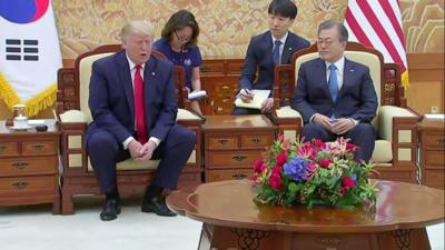 Donald Trump speaks at a press conference with Moon Jae-in