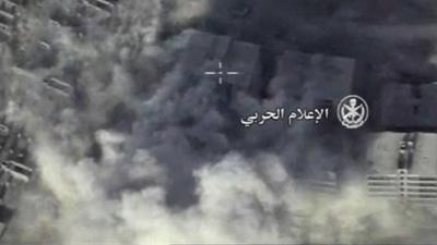 Aerial view of Syrian Army airstrikes on south west Aleppo