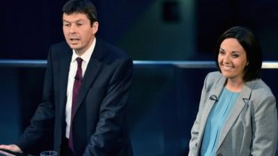 The contenders for the Scottish Labour leadership Kezia Dugdale and Ken Macintosh appear on the BBC Scotland 2015 debate program