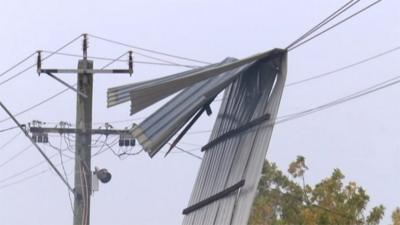 Roofing tin hanging on power line