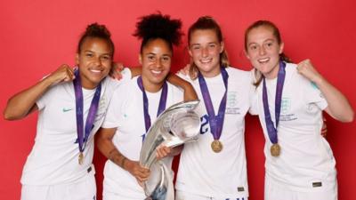 England footballers Nikita Parris, Demi Stokes, Ella Toone and Keira Walsh celebrate their win