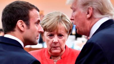 Emmanuel Macron, Angela Merkel and Donald Trump