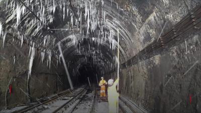 Icicles in a rail tunnel