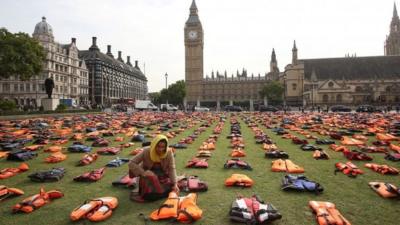 Migrants' lifejackets on display in Parliament Square