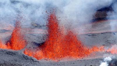 A volcano erupts on the Island of Réunion in the Indian Ocean