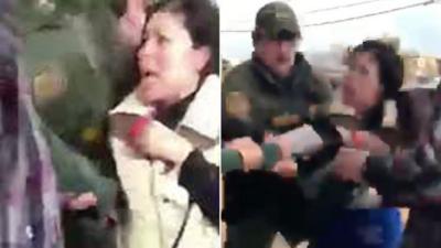 A woman is detained near a California school by US immigration officers as her children scream