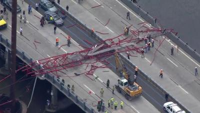 A collapsed crane on the Tappan Zee Bridge, New York.