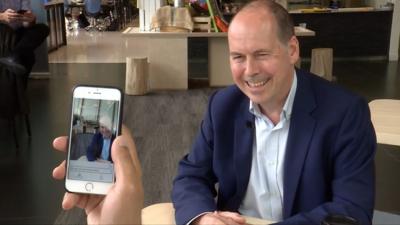 BBC Technology correspondent Rory Cellan-Jones being photographed with Microsoft's new 'Seeing AI' app.