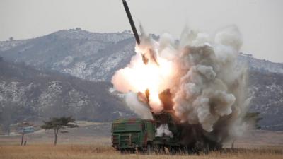 An undated picture of a test-fire of the new large-caliber rocket/missile at an undisclosed location.